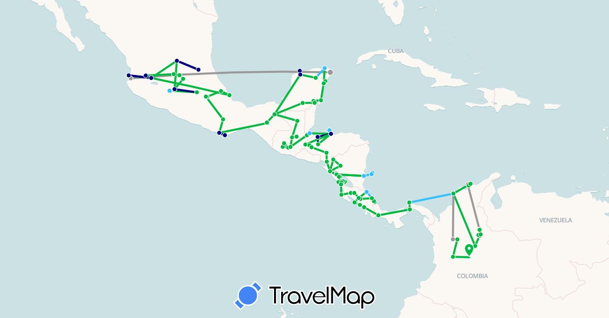 TravelMap itinerary: driving, bus, plane, boat in Colombia, Costa Rica, Guatemala, Honduras, Mexico, Nicaragua, Panama (North America, South America)