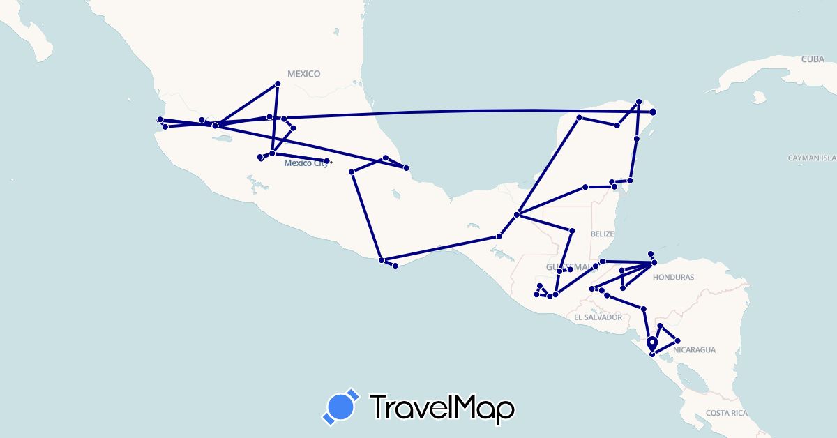 TravelMap itinerary: driving in Guatemala, Honduras, Mexico, Nicaragua (North America)